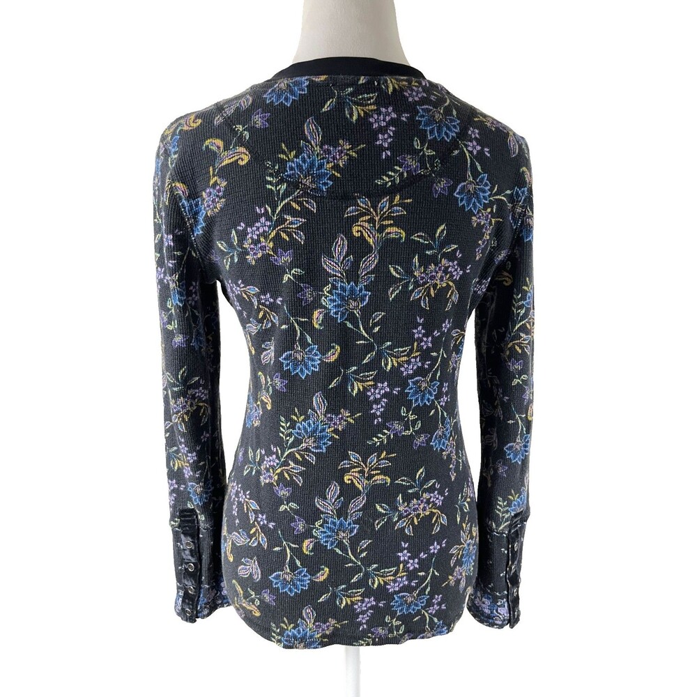 Sundance Loretta Thermal Waffle Knit Tee Long Sleeve Black Wildflower Floral M - Picture 7 of 14